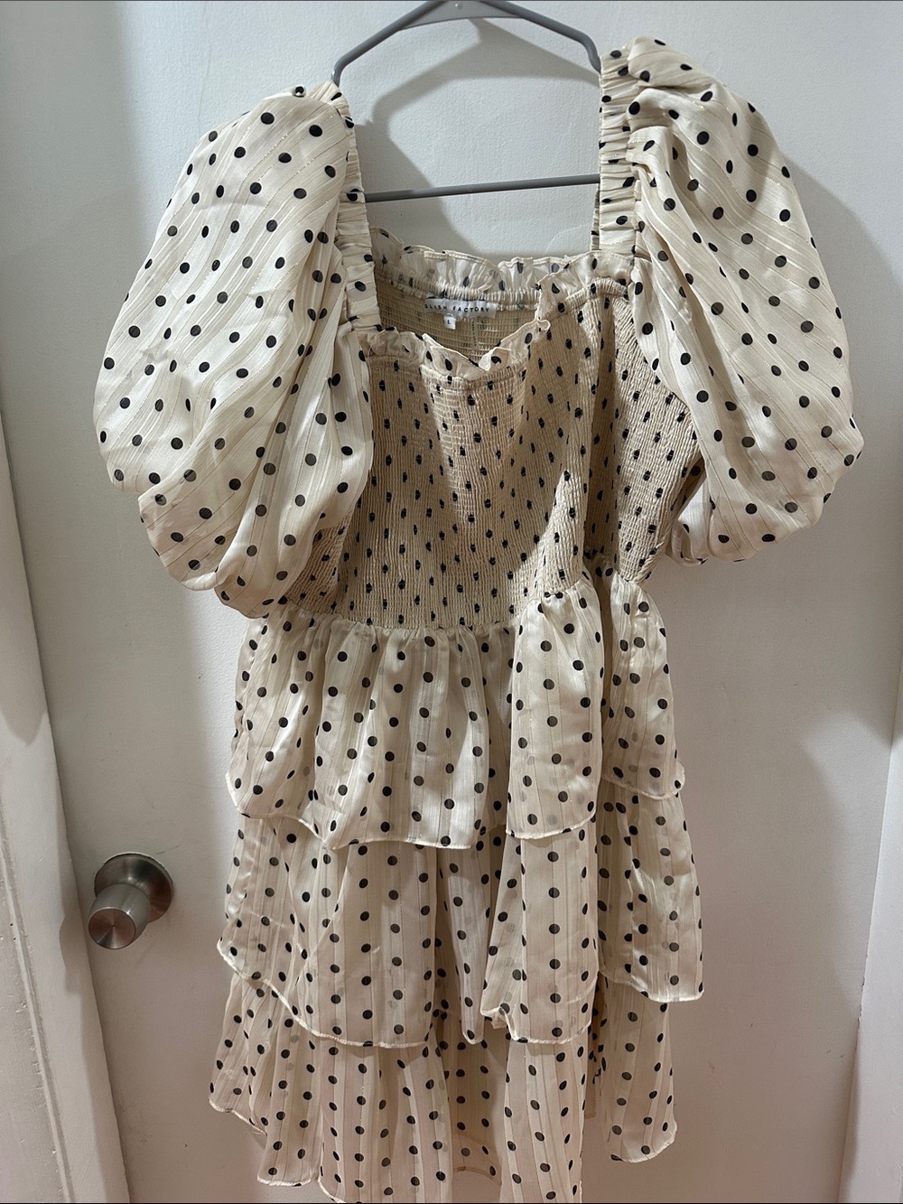 English Factory Cream Polka Dot Puff Sleeve Tiered Dress